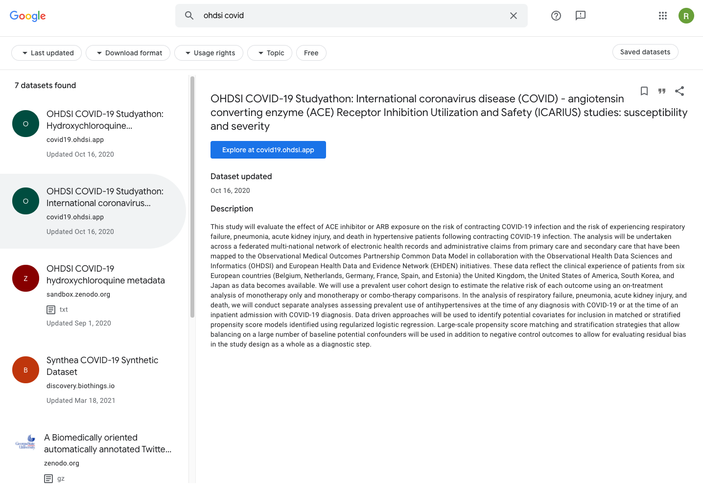 The OHDSI covid19 datasets can be found in Google Dataset Search, because Google indexed the JSON-LD descriptions provided by the Hugo covid19 app. Highlighted is the ICARIUS study which was extensively discussed in this recipe.